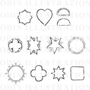 A selection of black and white line art illustrations featuring diverse shapes such as stars, hearts, and floral motifs. The illustrations are hand-drawn with a sketchy, artistic style, ideal for digital art or design projects.