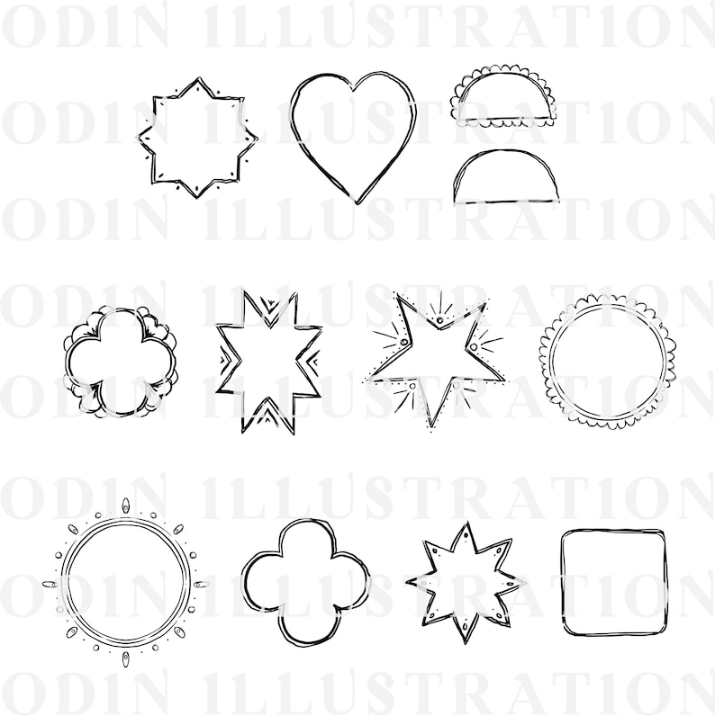A selection of black and white line art illustrations featuring diverse shapes such as stars, hearts, and floral motifs. The illustrations are hand-drawn with a sketchy, artistic style, ideal for digital art or design projects.