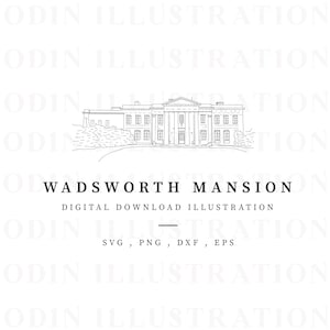 Ilustración de la mansión de Wadsworth USA, dibujo de línea de descarga instantánea, ilustración vectorial, casa americana, boda de bricolaje, png, archivo svg