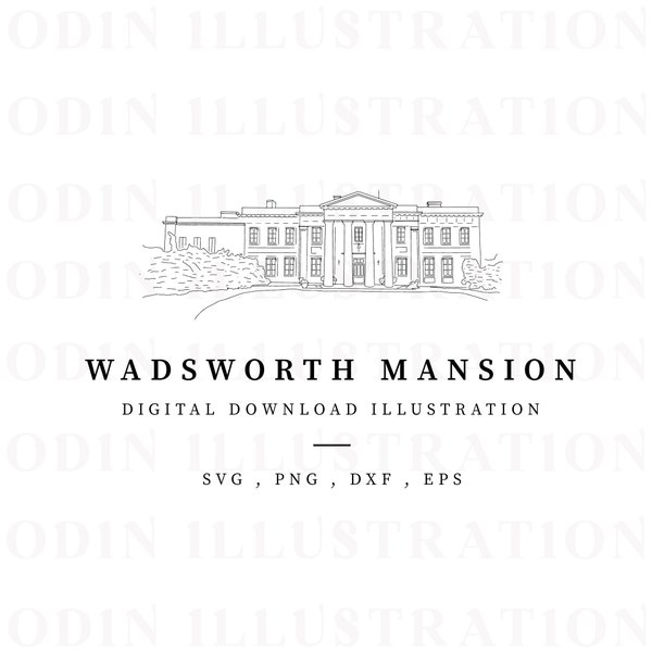 Wadsworth USA Mansion Illustration, Instant Download Line Drawing, Vector Illustration, American House, DIY Wedding, Png, Svg File