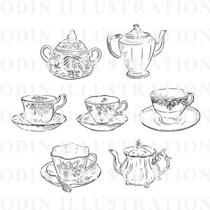 A set of six black and white line drawings of teacups, saucers, a teapot, and a sugar bowl. The drawings are in a vintage style.