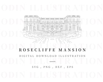 Op de afbeelding: Een zwart-witte lijntekening van een groot landhuis met een fontein en tuinen. De tekst "Rosecliffe Mansion" en "Digital Download Illustration" staat onder de afbeelding. De tekst "SVG, PNG, DXF, EPS" staat onder de tekst.