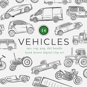 May include: Black and white digital clip art of various vehicles, including cars, trucks, a motorcycle, and a tractor. The word "VEHICLES" is displayed in large text, with the number "14" in a green circle.