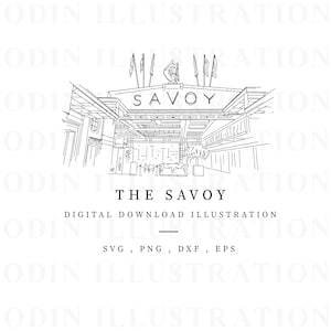 La ilustración del hotel Savoy, dibujo de línea de descarga instantánea, ilustración vectorial, ilustración del lugar, papelería de boda DIY, PNG SVG