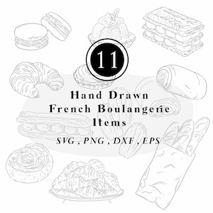 Franse bakker lijngetekende illustraties, afdrukbare instant download desserts, vectorillustratie, caféillustraties, ambacht, doe-het-zelfkunst