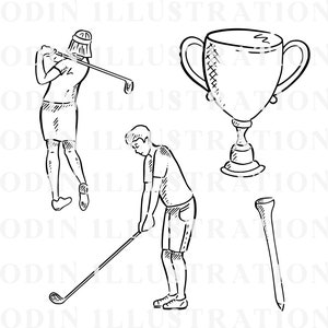 May include: A black and white line drawing illustration of a golfer swinging a golf club, another golfer putting a golf ball, a golf tee, and a trophy.