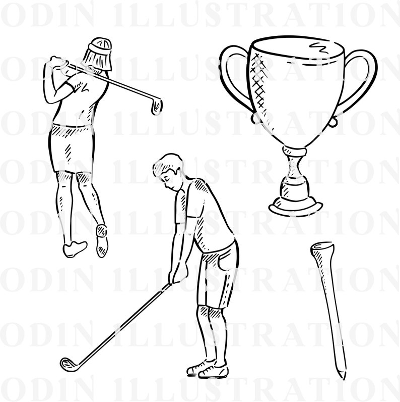 May include: A black and white line drawing illustration of a golfer swinging a golf club, another golfer putting a golf ball, a golf tee, and a trophy.