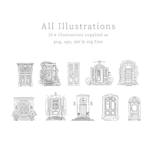 Ten black and white illustrations of different door designs. The text 'All Illustrations' is at the top of the image. The text '10 x illustrations supplied as png, eps, dxf & svg files' is below the title.