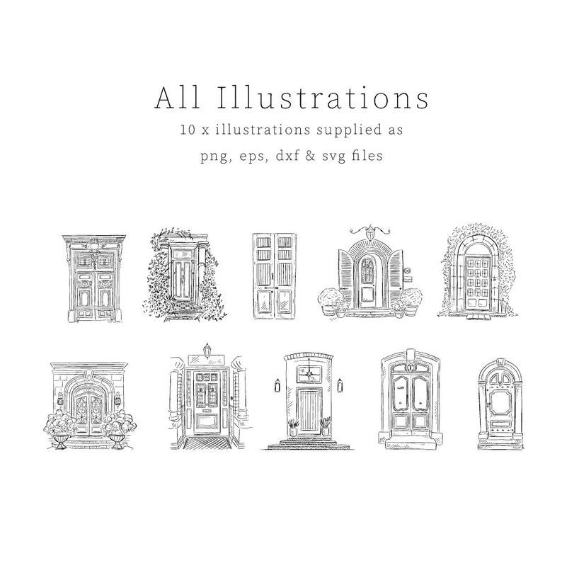 Ten black and white illustrations of different door designs. The text 'All Illustrations' is at the top of the image. The text '10 x illustrations supplied as png, eps, dxf & svg files' is below the title.