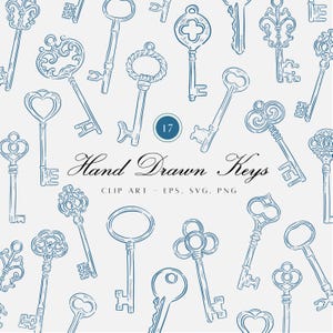 May include: A collection of blue hand-drawn key illustrations on a light background. The central text reads 17 Hand Drawn Keys CLIP ART - EPS, SVG, PNG. The keys feature various ornate bow shapes, including heart, circular, and clover designs.