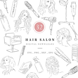 Könnte beinhalten: Ein Set mit 32 Schwarzweiß-Zeichnungen von Friseurwerkzeugen und -zubehör, darunter Haartrockner, Kämme, Scheren, Haarspray und ein Stuhl. Der Text "HAIR SALON DIGITAL DOWNLOADS SVG, PNG, DXF, EPS" ist ebenfalls enthalten.