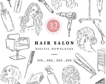 Paquete de ilustraciones para peluquería, descarga digital para peluqueros, imágenes prediseñadas dibujadas a mano, logotipo de belleza, dibujos de peinados, imágenes prediseñadas dibujadas a mano en negro