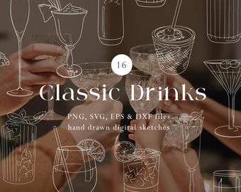 Cocktail Clipart Bundle, Instant Digital Download, Line Drawn Clip Art, DIY Wedding Bar Menu, Hand Drawn Art, Aperol Spritz Wall Art, Glass