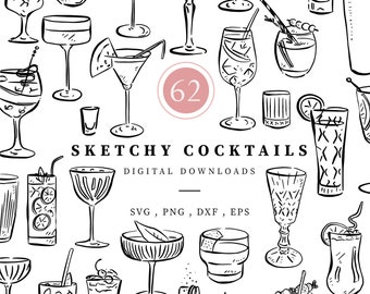 Simple Sketchy Cocktail Illustrations, Digital Download, Line Drawn Clipart, Wedding Bar Menu, Glassware Instant Download Art, Aperol Spritz