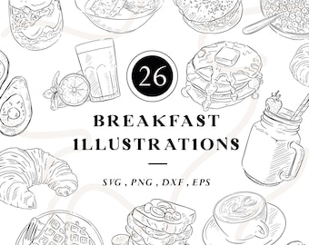Hand Drawn Breakfast Illustrations, Food Digital Download, Line Drawn Clipart, DIY Restaurant Menu, Cafe Instant Download Art, Yoghurt, Eggs