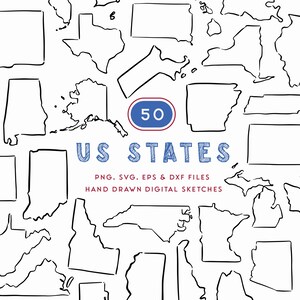 May include: Black and white hand-drawn sketches of the 50 US states. The text "US STATES" is in blue, with the number "50" inside a blue and red circle. Includes PNG, SVG, EPS & DXF files.