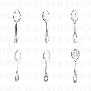 A set of five hand-drawn illustrations of spoons. The spoons are all different styles, including a teaspoon, a tablespoon, and a soup spoon. The illustrations are in black and white and have a vintage feel.