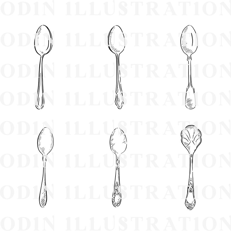 A set of five hand-drawn illustrations of spoons. The spoons are all different styles, including a teaspoon, a tablespoon, and a soup spoon. The illustrations are in black and white and have a vintage feel.
