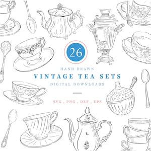 May include: A set of 26 hand-drawn vintage tea sets, including teapots, cups, saucers, and sugar bowls. The illustrations are in black and white and have a vintage aesthetic.