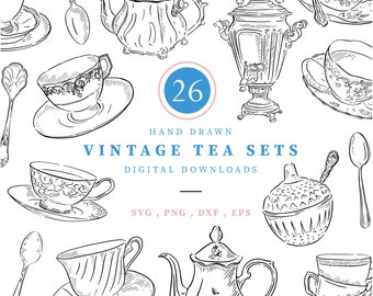 Vintage Tea Set Line Drawn Clipart, 26 Png, Svg, Dxf & Eps files at 300 dpi,Cup and Saucer, Teapot Illustration, Line Drawn Instant Download