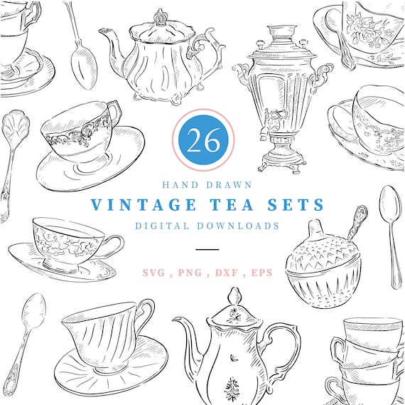 Vintage Tea Set Line Drawn Clipart, 26 Png, Svg, Dxf & Eps files at 300 dpi,Cup and Saucer, Teapot Illustration, Line Drawn Instant Download