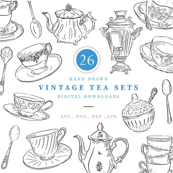 Vintage Tea Set Line Drawn Clipart, 26 Png, Svg, Dxf & Eps files at 300 dpi,Cup and Saucer, Teapot Illustration, Line Drawn Instant Download