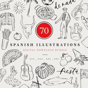 May include: Black and white illustrations of Spanish culture, including a bull, paella, a matador, a guitar, and a flamenco dancer. The text "SPANISH ILLUSTRATIONS" and "DIGITAL DOWNLOAD BUNDLE" are also present. A red circle contains the number "70".