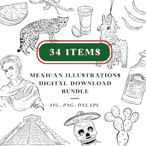 Mexicaans thema lijngetekende Clipart, Png, Svg, Dxf & Eps 300dpi, Mexico, Mexicaans eten Instant Digitale Download, Dierentekening, Suikerschedel