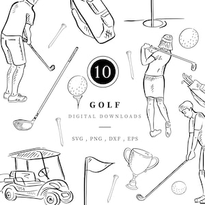Paquete de ilustraciones de golf, dibujos lineales de descarga instantánea, vectores deportivos en blanco y negro, invitación de golf (archivos PNG, EPS, SVG y DXF)