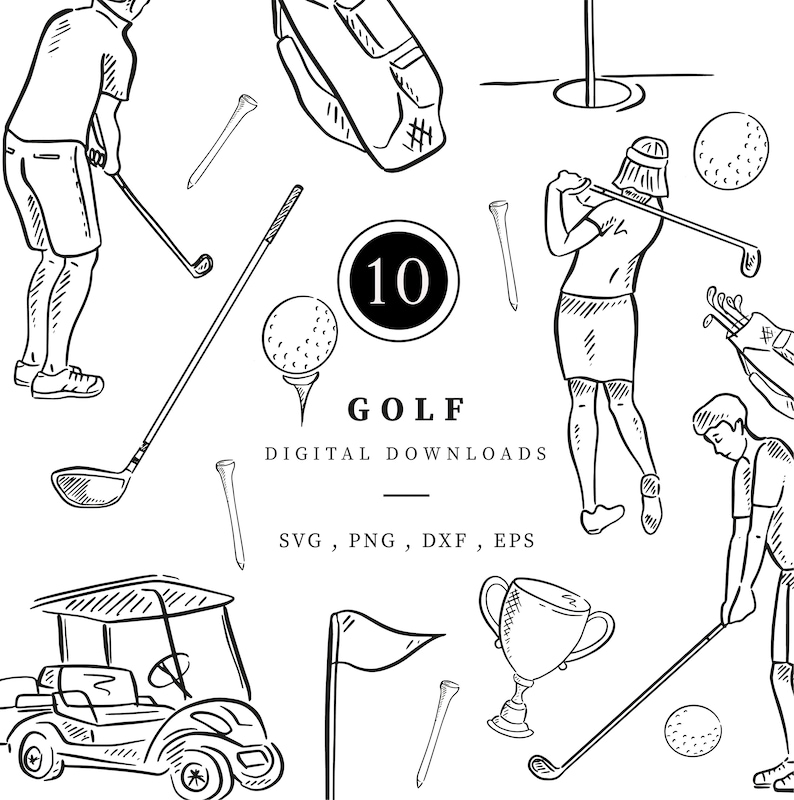 May include: A set of 10 black and white digital illustrations of golf equipment and accessories. The illustrations include a golf cart, golf clubs, golf balls, a golf bag, a golf flag, a golf trophy, and golfers.
