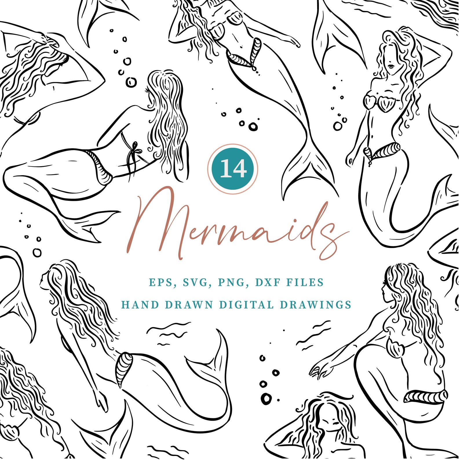 Mermaids Clip Art Bundle, Hand Drawn Mermaid, Birthday Party PNG ...