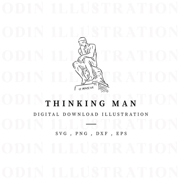 Thinking Man Monument Hand Drawn Digital Download, Line Drawn Statue, French clip art, Illustration SVG, png drawing, hand drawn