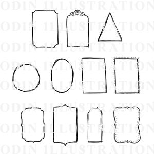 A selection of black, hand-drawn frames and shapes, such as rectangles, ovals, and a triangle, with decorative borders. The image includes the text "ODIN ILLUSTRATION".