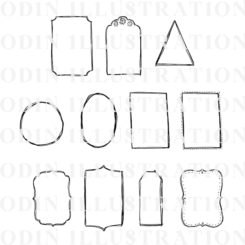 A selection of black, hand-drawn frames and shapes, such as rectangles, ovals, and a triangle, with decorative borders. The image includes the text "ODIN ILLUSTRATION".