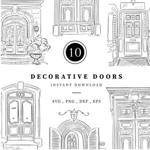 May include: A set of 10 decorative door illustrations in black and white. The doors are drawn in a hand-drawn style and feature various architectural details. The illustrations are perfect for use in crafting projects, scrapbooking, or digital design.