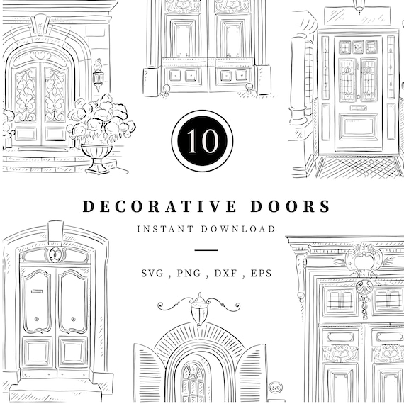 Hand Drawn Front Doors, Digital Download Bundle, Hand Drawn House, Printable Wall Art, Instant Lineart Clipart, Door SVG File