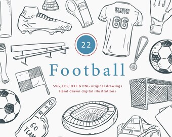 Soccer Clip Art, Line Drawn Football Files, Digital Download, Line Drawn Sport Vectors, Boys Party, Sports SVG, Football PNG Illustrations
