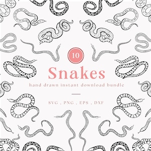 Peut inclure: Illustrations de serpents dessinés à la main en noir et blanc. Le mot "Snakes" est affiché en rose, avec le chiffre "10" dans un cercle rose. L'image comprend également des informations sur les types de fichiers : SVG, PNG, EPS et DXF.