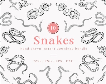 Snake Illustration Bundle, Digital Snake Drawings, Line Drawn Animal Clip Art, Serpent Wall Art, Printable Cartoons, Black and White Snakes