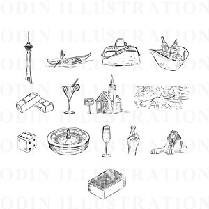 A black and white illustration set of various Las Vegas themed icons, including a chapel, a gondola, a roulette wheel, dice, a champagne flute, a wedding ring, a sphinx, a suitcase, a martini glass, a pair of gold bars, and a deck of cards.