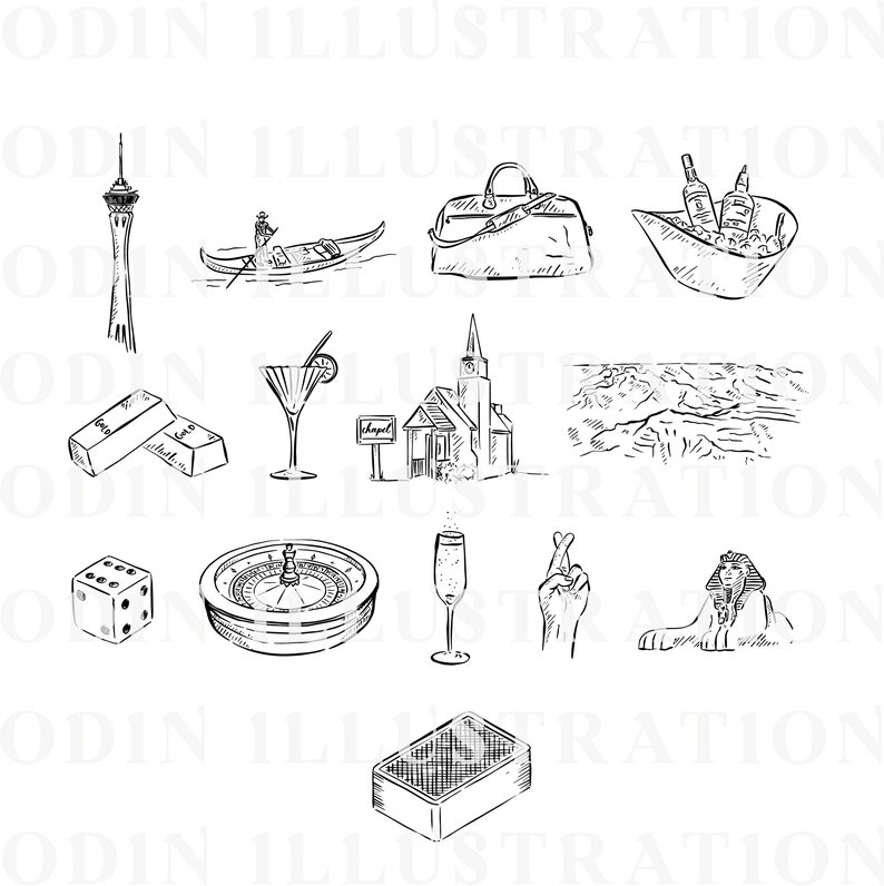 A black and white illustration set of various Las Vegas themed icons, including a chapel, a gondola, a roulette wheel, dice, a champagne flute, a wedding ring, a sphinx, a suitcase, a martini glass, a pair of gold bars, and a deck of cards.