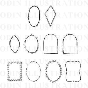 Ten black and white hand-drawn frame illustrations in various shapes are shown. The frames include oval, diamond, arched, and rectangular designs, some with decorative borders. The word "ODIN ILLUSTRATION" is watermarked across the image.
