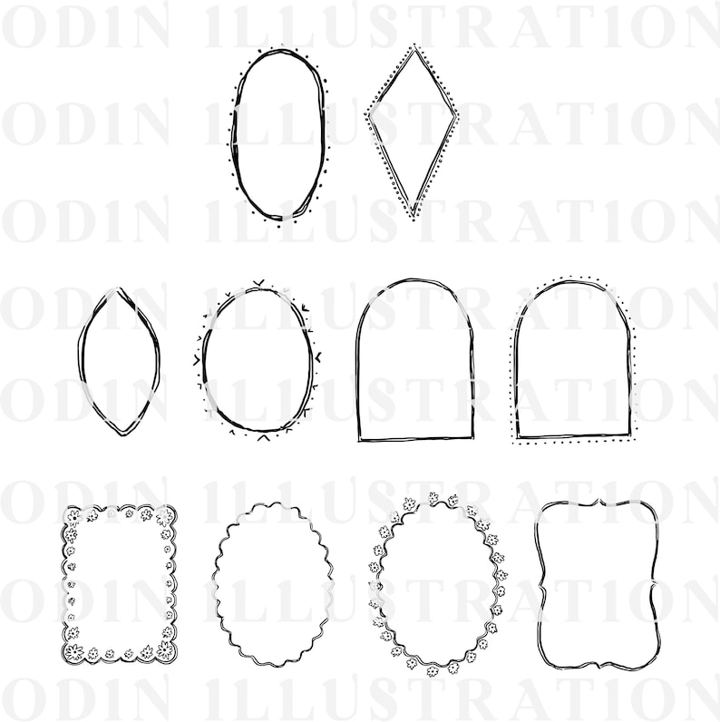 Ten black and white hand-drawn frame illustrations in various shapes are shown. The frames include oval, diamond, arched, and rectangular designs, some with decorative borders. The word "ODIN ILLUSTRATION" is watermarked across the image.