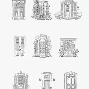 Handgetekende voordeuren, digitale downloadbundel, handgetekend huis, printbare muurdecoratie, direct te gebruiken lijntekening clipart, deur SVG-bestand afbeelding 9
