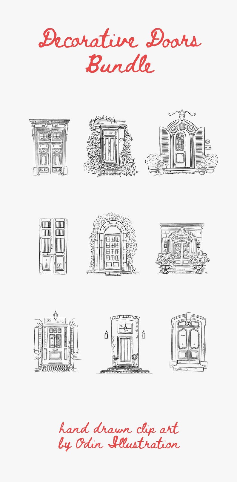 Handgetekende voordeuren, digitale downloadbundel, handgetekend huis, printbare muurdecoratie, direct te gebruiken lijntekening clipart, deur SVG-bestand afbeelding 9