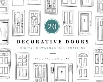 Op de afbeelding: Een set van 20 handgetekende illustraties van decoratieve deuren in zwart-wit. De deuren zijn in verschillende stijlen, waaronder gebogen, met panelen en met decoratieve details. De tekst "DECORATIVE DOORS" en "DIGITAL DOWNLOAD ILLUSTRATIONS" is opgenomen in de afbeelding.
