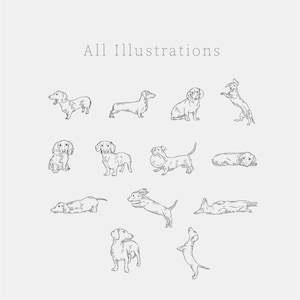 A collection of 11 black and white line drawings of Dachshunds in various poses, including sitting, standing, running, and playing with a ball. The drawings are simple and stylised, with a focus on the dogs' unique features.