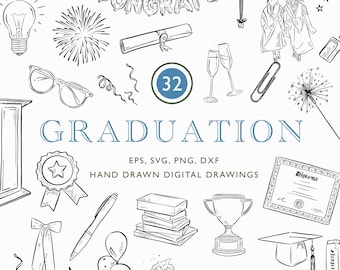 Hand Drawn Graduation SVG Bundle, Celebration PNG, Line Art Doodle Graduation Cap Clipart, University Grad Party Invitation, College Clipart