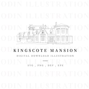 Ilustración de la mansión de Kingscote Rhode Island USA, dibujo de línea de descarga instantánea, vector dibujado a mano, lugar americano, boda de bricolaje, archivo digital