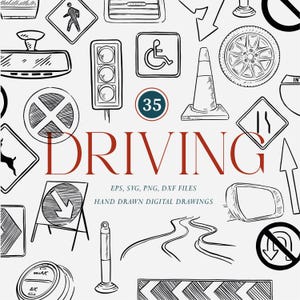 Könnte beinhalten: Eine Sammlung handgezeichneter digitaler Zeichnungen zum Thema Autofahren, darunter Verkehrsschilder, Ampeln und Autoteile. Das Wort "DRIVING" ist in großen, roten Buchstaben dargestellt. Das Bild enthält auch die Zahl "35" in einem türkisfarbenen Kreis.